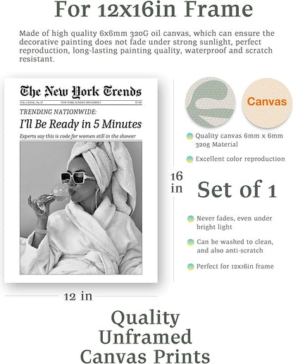 EcoHest Unframed 12x16 Canvas Wall Art, Newspaper I'll Be Ready in 5 Minutes Print, Feminist Makeup Home Decor, Retro Bathroom Decor, Set of 1 For Bedroom Living Room
