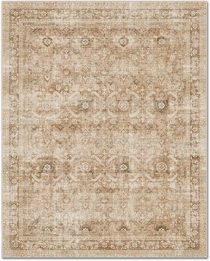 Washable 9x12 Area Rugs for Living Room, Boho Non-Slip Vintage Distress Lager Rugs for Bedroom Dining Room Nursery Office, 0.3" Neutral Oriental Throw Thin Carpet, Brown/Multi, C1