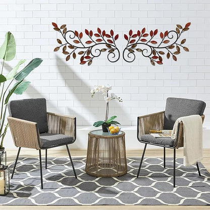 ESTART 2 Pieces Metal Tree Leaf Wall Decor Vine Olive Branch Leaf Wall Art Wrought Iron Scroll Wall Hanging for Above Door, Living Room, Office, Hallway, Indoor and Outdoor Decoration (Retro Red)