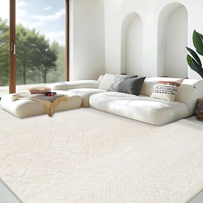 Area Rug Living Room Rugs 5x7 - Large Soft Boho Geometric Rugs, Non-Slip Foldable Washable Area Rug Non Shedding Morden Indoor Floor Carpet for Living Bedroom Office Dining Room(Modern Beige,5'x7')