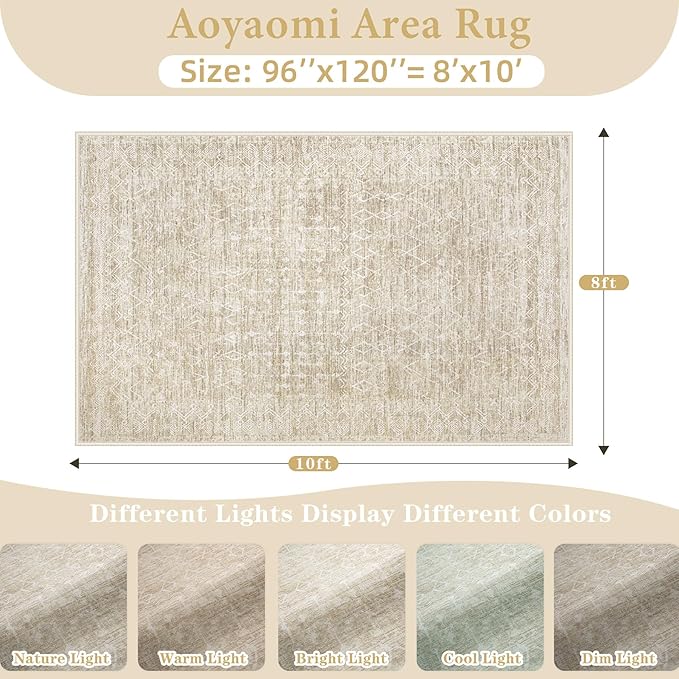 Area Rug Living Room Rugs 8x10 - Large Soft Boho Geometric Rug, Non-Slip Foldable Washable Rugs Non Shedding Morden Indoor Floor Carpet for Living Bedroom Office Dining Room (Moroccan Beige, 8'x10')