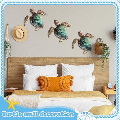 Tatuo 3 Pcs Summer Coastal Wall Decor Bathroom Beach Blue Wall Art Sea Turtle Surfboard Seahorse Starfish Seashell Conches Crabs Sea Life Decor for Bedroom Home (Classic Turtle Style)