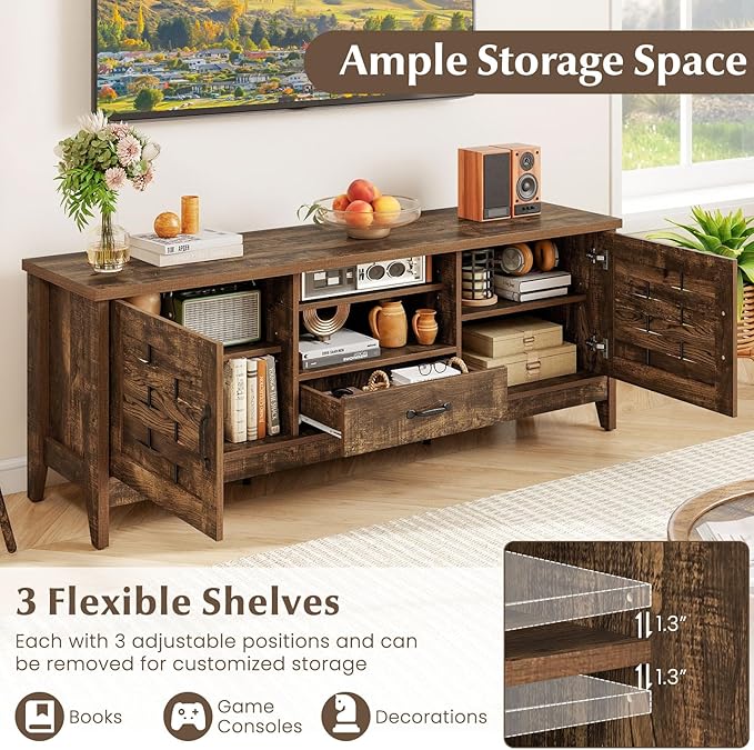 Giantex Farmhouse TV Stand for 65 Inch TVs, 59" Wood Entertainment Center with 2 Woven Accent Doors, Storage Drawer & 3 Adjustable Shelves, Media Console Table for Living Room, Bedroom (Rustic Brown)