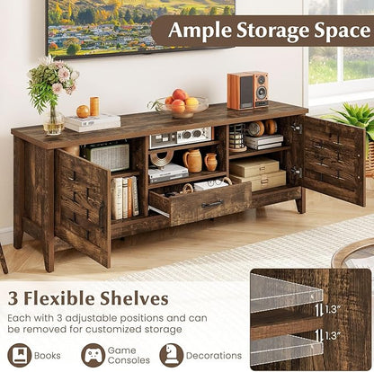 Giantex Farmhouse TV Stand for 65 Inch TVs, 59" Wood Entertainment Center with 2 Woven Accent Doors, Storage Drawer & 3 Adjustable Shelves, Media Console Table for Living Room, Bedroom (Rustic Brown)