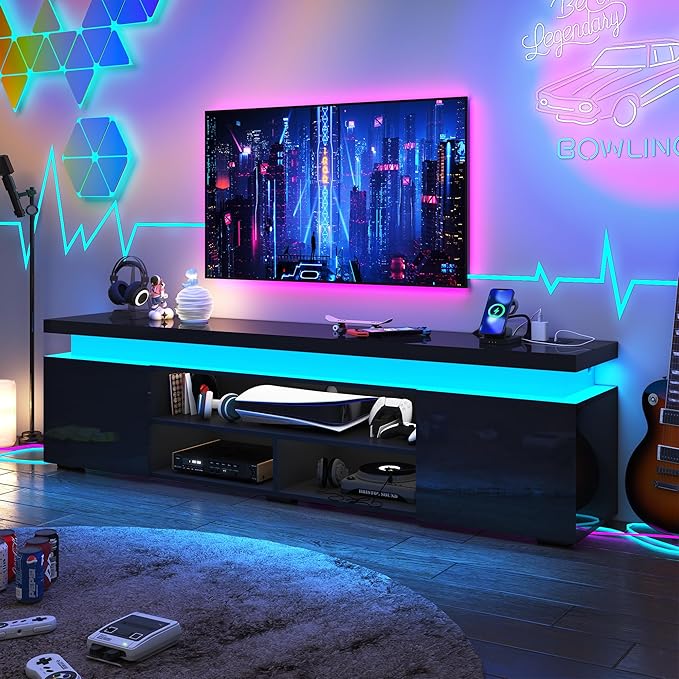 Hlivelood LED TV Stand for 85 Inch TV, Modern TV Stand with Power Outlet, High Gloss TV Console Entertainment Center with Storage and LED Lights for Living Room, Bedroom (73 Inch, Black)