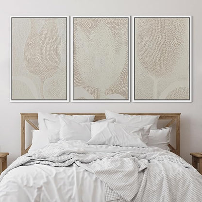 SIGNLEADER Framed Canvas Print Wall Art Set Neutral Beige Tulip Subtle Dot Pattern Illustrations Minimal Decorative Bohemian Nordic for Living Room, Bedroom, Office - 24"x36"x3 WHITE