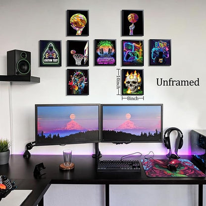 Neon Gamer and Basketball Wall Art Set of 9, Cool Gaming Headset Skull Controller Sports Canvas Prints, Colorful Graffiti Style Posters for Boys Teen Bedroom Game Room Wall Decor 8x10 Inch Unframed