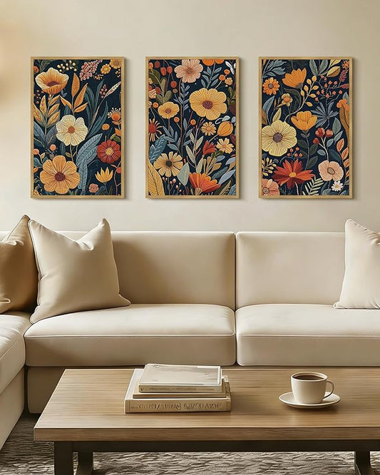 Drsoum Vintage Flower Wall Art Framed Retro Bohemian Boho Colorful Floral Plant Rustic Artwork Nature Botanical Wildflower Prints Bedroom Living Room Ready to Hang 16x24in Natural Framed