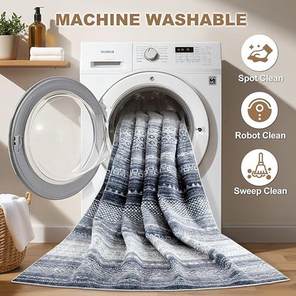Nakagishi Area Rug 6x9 Living Room: Washable Boho Large Neutral Soft Modern Rugs Stain Resistant Moroccan Indoor Non-Slip Accent Carpet for Bedroom Nursery Kids Playroom Office Dining Room Dorm- Blue