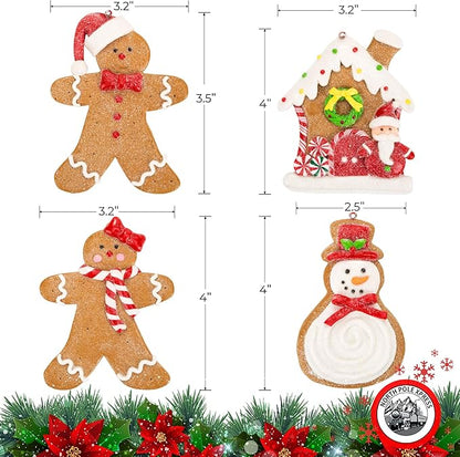 Gingerbread Christmas Ornaments - Man Boy Girl Gingerbread House Snowman Cookie Rustic Christmas Decorations Set of 4 - Claydough Christmas Tree Decorations - Christmas Tree Ornaments with Gift Box