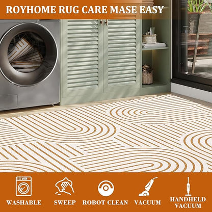 ROYHOME Modern Rug 2.5x8 Runners for Hallways, Abstract Kitchen Runner Rugs Non Slip Bath Runner, Rainbow Washable Rug for Bedroom, Soft Long Rugs for Entryway Bathroom Laundry Dorm, Orange