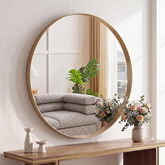 NEWBULIG 28-Inch Round Wall Mirror, Bathroom Wall Circle Mirror with Metal Frame, Bathroom Decor for Entryway, Living Room, Vanity, Gold