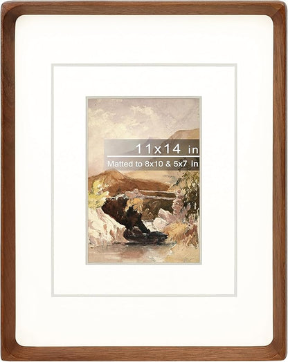 11x14 Picture Frame with Mat for 5x7/8x10, Natural Walnut Wood Handcrafted Rounded Corner with Real Glass, Vertical or Horizontal Display Photo Gallery Wall Mounting Frame