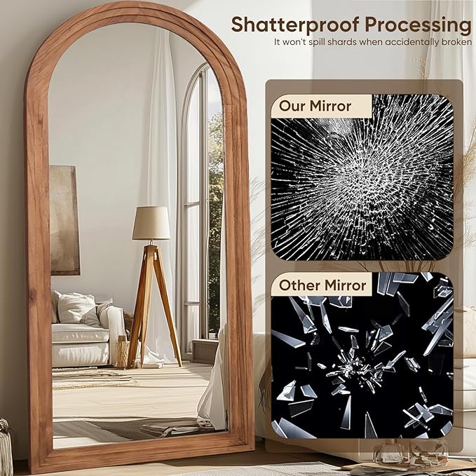 Full Length Mirror, 76"x34" Wooden Mirror Full Length with Stand Wood Floor Mirror, Oversized Stand Up Mirrors Large Wall Mirrors, Wall Mounted Mirrors, Arched Wood Style, Brown