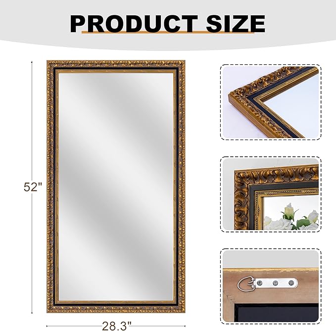 Chende Large Gold Mirror for Wall, 52''x28'' Decorative Wall Mirror with Ornate Carvings Wood Frame, Rectangle Vintage Mirror for Dining Room, Entryway, Bathroom, Living Room