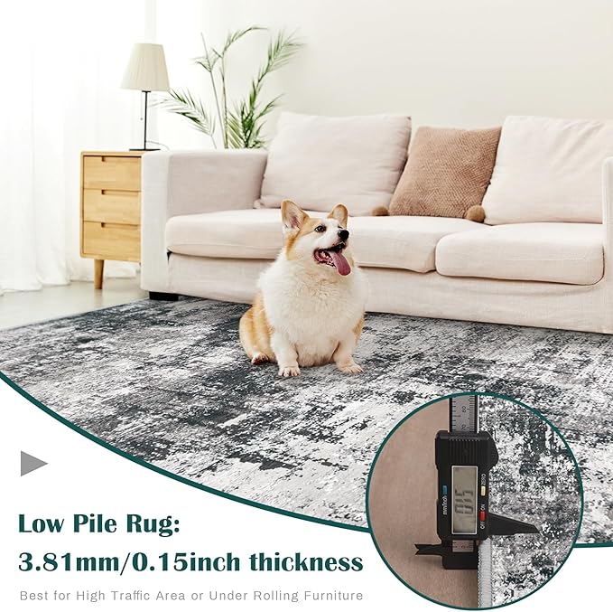 8x10 Area Rug for Living Room: Washable Abstract Soft Rugs Non Slip Modern Stain Resistant Low Pile Carpet for Dining Room Bedroom Nursery Office (Black Grey, 8'x10')