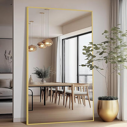 Large Mirror Full Length with Stand, 76"X44" Oversized Floor Mirror Gold Standing Full Length Mirror for Gym Bedroom Living Room Clothing Store, Hanging or Wall Mounted, Tempered Glass