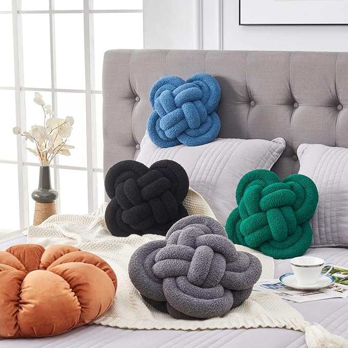 Knot Pillow, 12" Soft Decorative Throw Pillows for Couch Bed, Gray Pink Knotted Plush Throw Pillow Handmade Square Cushion Home Decor Pillows (Dark Green, 12 Inches X12 Inches)