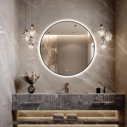 Niccy 30" LED Backlit Round Mirror for Bathroom, Black Framed Vanity Light Wall Mirror, LED Smart Circle Mirrors with 3 Lighting Colors, Round Lighted Mirror with Anti-Fog, IP65 Waterproof