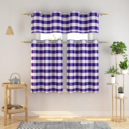 3 Pieces Tier Curtains and Valance Set Buffalo Check Kitchen Tiers Plaid Gingham Grommet Top Classic Short Small Cafe Curtains Country Farmhouse Cafe Bathroom 54"x18"/32"x30" Purple & White