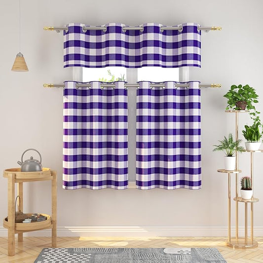 3 Pieces Tier Curtains and Valance Set Buffalo Check Kitchen Tiers Plaid Gingham Grommet Top Classic Short Small Cafe Curtains Country Farmhouse Cafe Bathroom 54"x18"/32"x30" Purple & White