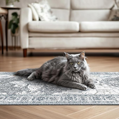 BESTSWEETIE 2x8 Area Rug Washable Rugs for Living Room, No Pile Boho Carpet for Entryway Bedroom Dinning Room, Vintage Carpet Print Distressed Non-Slip, 2 x 8 ft, Blue Grey White