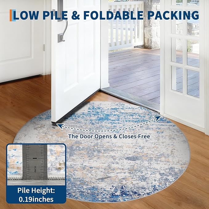 ROYHOME Modern Abstract 4x4 Round Area Rug Non Slip Non Shedding Rug Low Pile Stain Resistant for Bedroom Living Room Office Dining Room,Blue/Grey