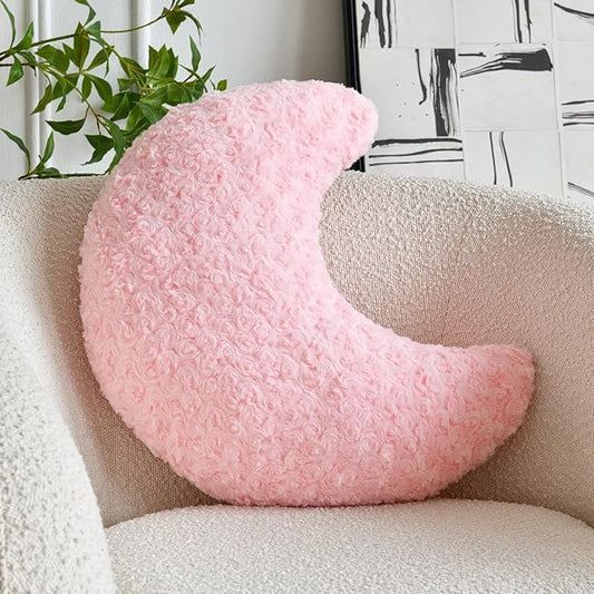 Moon Pillow, Decorative Throw Pillow with Soft Faux Fur for Couch Bed Sofa, Cute Half Moon Pillows with Room Decor for Bedroom Living Room (19 Inches, Pink)