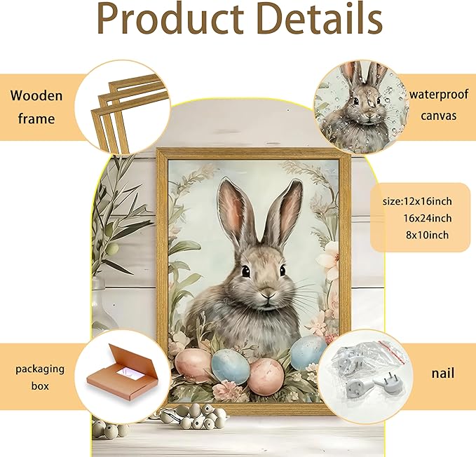 Easter Bunny Wall Art, Vintage Rabbit Canvas Wall Decor, Easter Eggs Poster Print Picture, Spring Farmhouse Animal Painting for Living Room Bedroom Kitchen Holiday Home Decor 16x24 Inch Wood Framed
