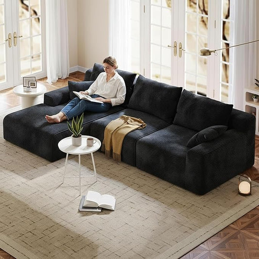 Homkdom L-Shaped Cloud Boneless Couch with Deep Seat, Modular Sectional Sofa with Oversized Chaise, 6 Layouts Combination for Living Room, Apartment, No Assembly (Black, Left Facing Chaise)