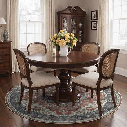 GENIMO 5FT Round Area Rugs for Living Room, Circle Rugs Machine Washable Low Pile, Chenille Non Slip Vintage Rug for Bedroom, Dining Room, Home Office, Bordeaux