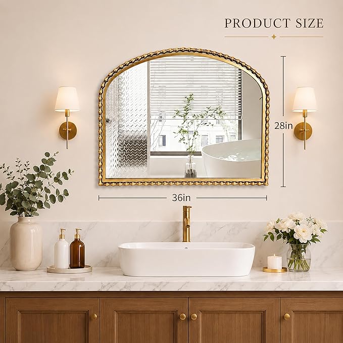 36x28 Inch Wide Arched Wall Mirror with Bold Antique Gold Beaded Frame, Decorative Mantel Mirror for Fireplace or Entryway, Horizontal Hanging Statement Mirror for Living Room Wall Decor