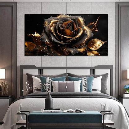 Ouzzlie Rose Picture Art for Living Room Flower Wall Decor Large Black and Gold Wall Art Artwork Floral Canvas Art Home Office 29" x 59"