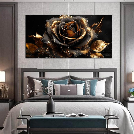 Ouzzlie Rose Picture Art for Living Room Flower Wall Decor Large Black and Gold Wall Art Artwork Floral Canvas Art Home Office 29" x 59"