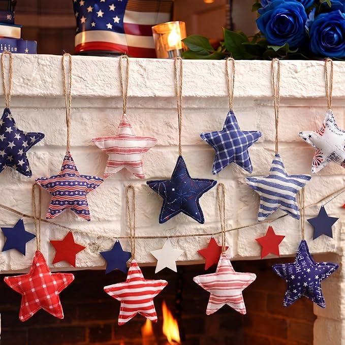 Soulchen 12 Pcs 4th of July Patriotic Ornaments Red Blue White Fabric Star Hanging Ornament Stuffed Stripe Check Star Memorial Day Tree Decoration for 250th Anniversary Independence Veterans Day Decor