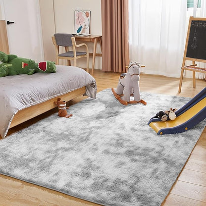 Puremy Fluffy Shag Area Rug, 4x6 Tie-Dyed Light Grey Rugs for Bedroom, Soft Plush Area Rugs for Living Room, Non-Slip Indoor Carpet for Nursery, Study Room, Dressing Room, Home Decor