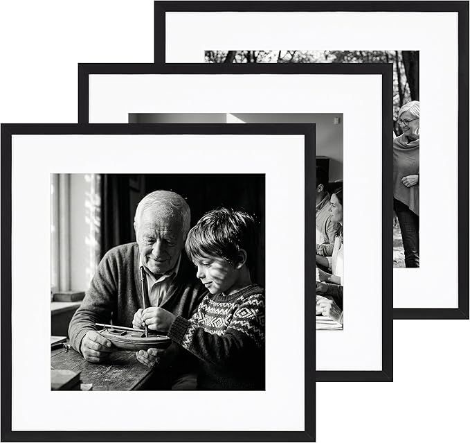 eletecpro Gallery Wall Frame Set of 3, 20x20 Inch Square Black Frames with 16x16 Mat, Scratch-Resistant Finish for Modern Home Decor
