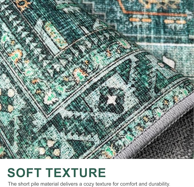 Bavni Washable Rug 9x12 Area Rug for Living Room Bedroom Dining, Washable Vintage Print Carpet, Ultra-Thin Chenille Low Pile Lightweight Rug with Non Slip Backing, Dark Green