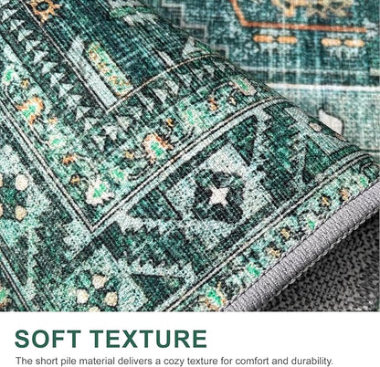 Bavni Washable Rug 9x12 Area Rug for Living Room Bedroom Dining, Washable Vintage Print Carpet, Ultra-Thin Chenille Low Pile Lightweight Rug with Non Slip Backing, Dark Green