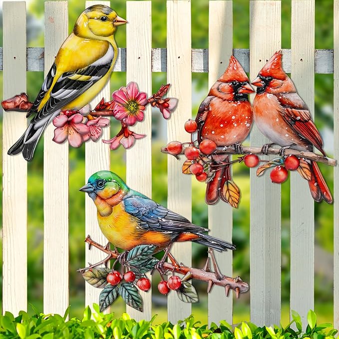 YOADEHOA 3Pcs Metal Wall Art Decor Birds on Branch, 3D Colorful Bird Outdoor Hanging Wall Art Patio Fence Decorations, Hummingbird Wall Sculptures for Indoor Outdoor Garden(Birds A)