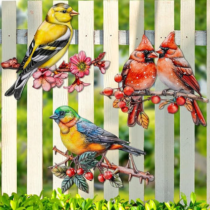 YOADEHOA 3Pcs Metal Wall Art Decor Birds on Branch, 3D Colorful Bird Outdoor Hanging Wall Art Patio Fence Decorations, Hummingbird Wall Sculptures for Indoor Outdoor Garden(Birds A)
