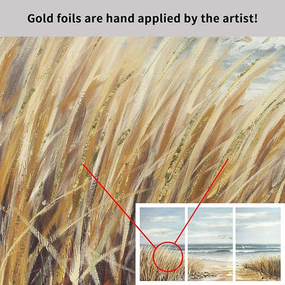 Abstract Beach Canvas Wall Art: Seashore Grasses Artwork Print Seascape Painting for Walls (26'' x 16'' x 3 Panels)
