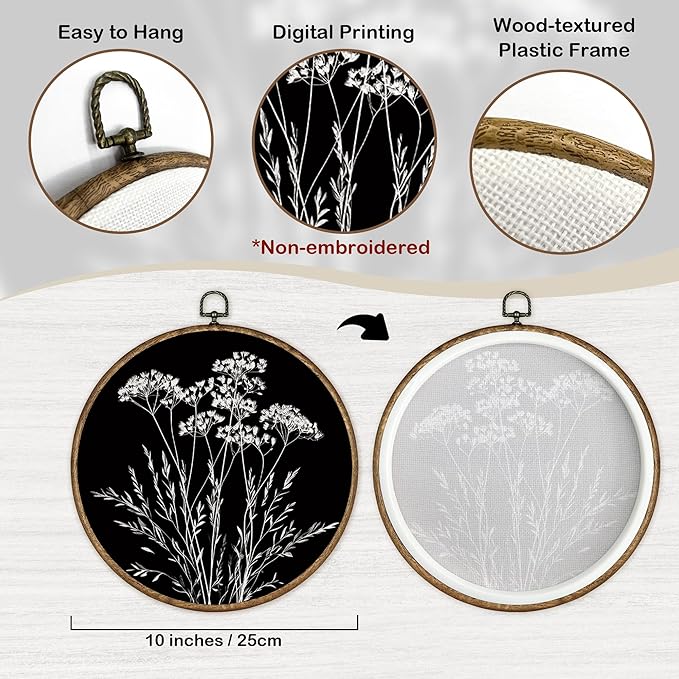 TLESKE Black Vintage Botanical Round Wall Art Decor Framed 10x10, Boho Wildflower Fall Floral Canvas Wall Art Artwork Prints, Rustic Wall Hanging Room Decorations Door Decor for Living Room Bedroom