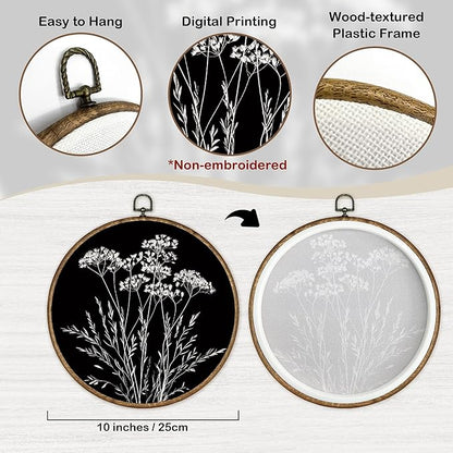 TLESKE Black Vintage Botanical Round Wall Art Decor Framed 10x10, Boho Wildflower Fall Floral Canvas Wall Art Artwork Prints, Rustic Wall Hanging Room Decorations Door Decor for Living Room Bedroom