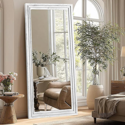 Full Length Wood Mirror 71x30 - Rustic Solid Wood Floor Mirror with Triple Layer Frame, HD Tempered Glass, Wall Mounted or Leaning Standing Mirror Vintage White Mirror for Bedroom Bathroom Living Room