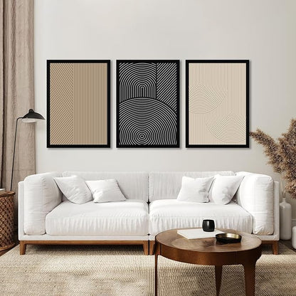 FWAHREN Framed Modern Abstract Minimalist Neutral Canvas Wall Art, Geometric Textured Line Mid Century Prints Artwork, Contemporary Japandi Wall Decor, Living Room Bedroom Office, Set of 3, 16x24in