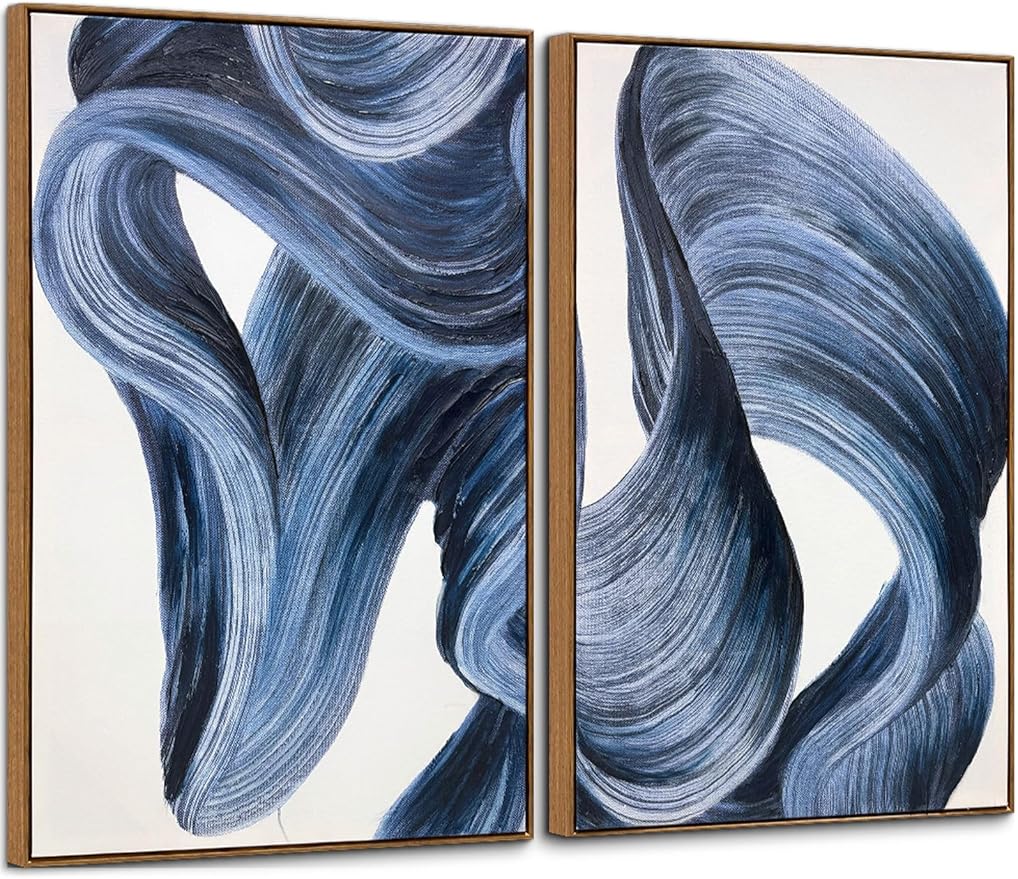 Zessonic Blue Abstract Wall Art Set of 2- Framed Twist Stroke Minimalist Graffiti on White Background Modern Canvas Artwork for Living Room, Bedroom, Office Decor, 24 x 36 Inches x 2