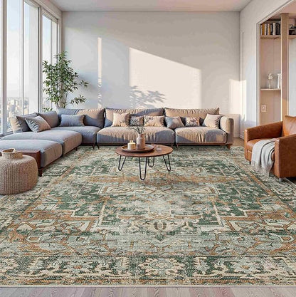 Rugxara 10x14 Area Rugs for Living Room Bedroom, Large Washable Rug, Green Vintage Retro Boho Rug, Non Slip & Low Pile Faux Wool Thin Carpet for Indoor Dining Room and Kids Room(Green/Brown 10x14ft)