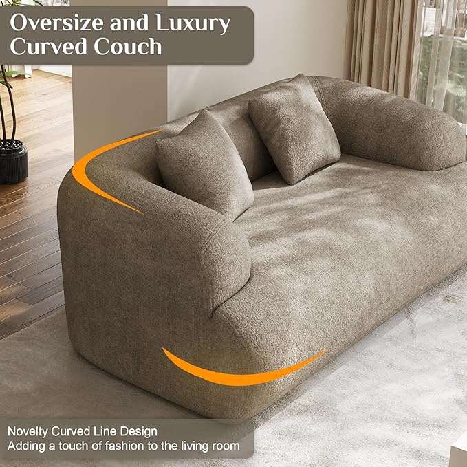 75" Boneless Cloud Loveseat, Modern Cute Curved Chenille Sofa, 2 Seater Compression Couch with 2 Pillows, No Assembly Required for Apartment Living Room, Light Brown