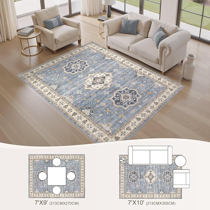 EIEIHOUSE Washable Area Rugs for Living Room -7x10 Neutral Vintage Distressed Floral Farmhouse Boho Large Soft Floor Rug Indoor Non Slip Carpet for Living Room Bedroom Dining Room Office - Blue